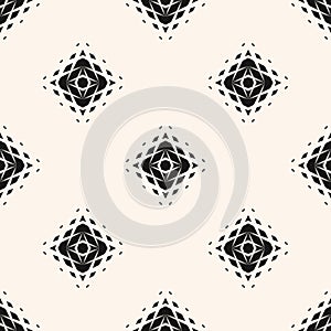 Black and white vector geometric halftone seamless pattern with diamonds, grid