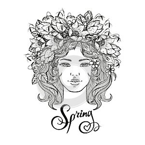 Black and white vector girl decorative hairstyle with flowers, leaves in hair in doodle style. Nature, ornate, floral