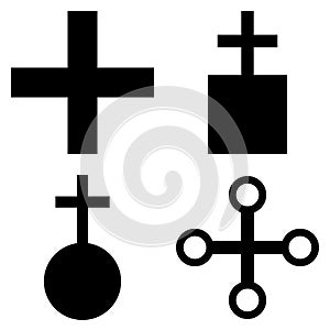 Black and white vector graphic of a set of map symbols for churches. It consists of a black silhouette for various types of church
