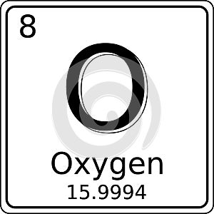 Black and white vector graphic of the symbol of the Oxygen (O) element on the periodic table of elements.