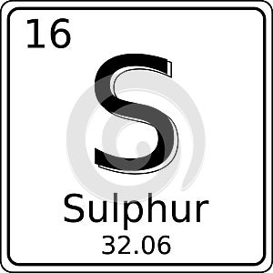 Black and white vector graphic of the symbol of the Sulphur (S) element on the periodic table of elements.