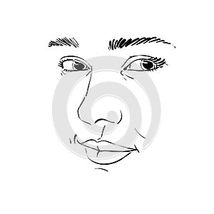 Black and white vector hand-drawn portrait of white-skin flirting woman, face emotions theme illustration. Beautiful lady po