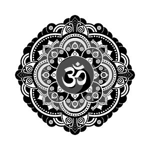 Black and white vector henna tatoo mandala. OM decorative symbol