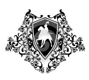 Black and white vector heraldic emblem with knight riding horse and rose flowers