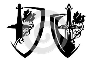 Black and white vector heraldic shield design set with sword hilt and rose flower