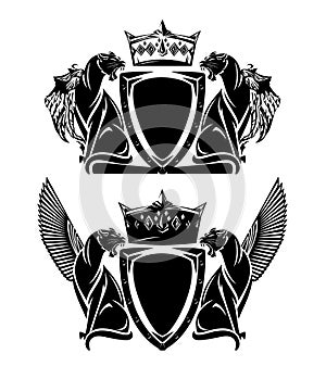 Black and white vector heraldry with king crown and pair of mythical winged panthers