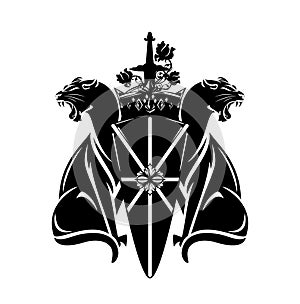 Black and white vector heraldry with rose flowers, shield, sword, crown and pair of panthers