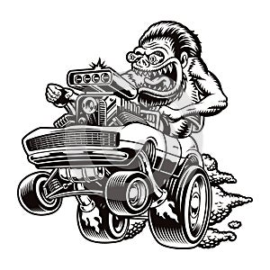 A black and white vector illustration of a cartoon hot rod