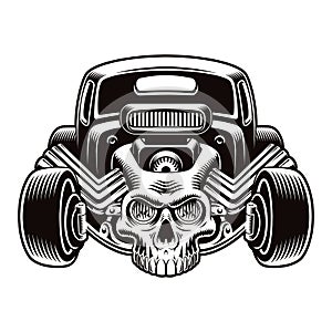 A black and white vector illustration of a cartoon hot rod