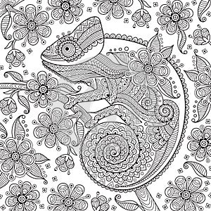 Black and white vector illustration with a chameleon in ethnic patterns on the flowering branch. It can be used as