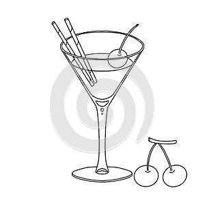 Black and white vector illustration. Cocktail in a glass on a thin leg with cherries. Alcoholic drink. Illustration for menu