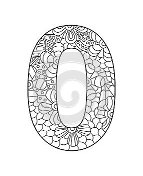 Black and white vector illustration for coloring. Number zero in the style of Zentangle