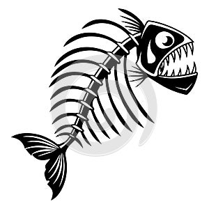 Black and white vector illustration of a fish skeleton