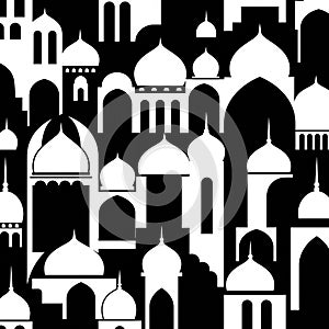 Black and white vector illustration featuring a repetitive pattern of Islamic