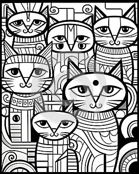 Black and white vector illustration of a group of cats with abstract patterns
