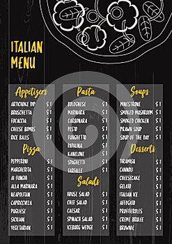 Black and white vector illustration - Italian menu on textured wood background.