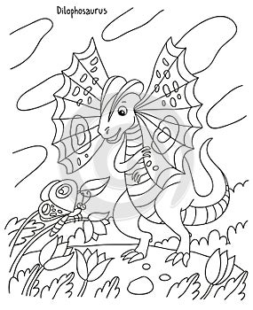 Black and white vector illustration for kids coloring book. Dinosaur Dilophosaurus looks at a butterfly on a valley