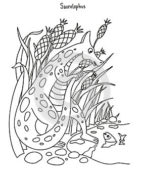 Black and white vector illustration for kids coloring book. Dinosaur Saurolophus prepares to swim