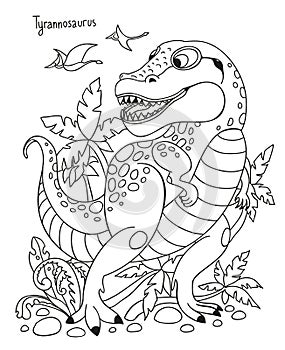 Black and white vector illustration for kids coloring book. Dinosaur Tyrannosaurus in the Jungle