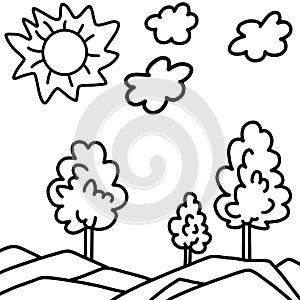 Black and white vector illustration of a landscape with trees, sun and clouds.