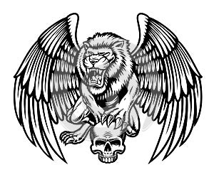 A black and white vector illustration of a lion with wings