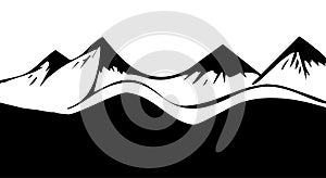 Mountain peaks on a white background . Black and white vector illustration.