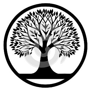 Black and white vector illustration of olive tree in circle