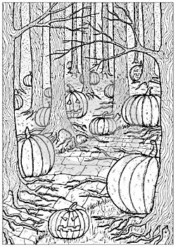 Black and white vector illustration with path or trailway, scary pumpkin head and lanterns hiding behind the gloomy trees in dark photo