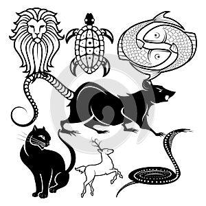 Black and white vector illustration of a rat in a hat, a snake and a cat.