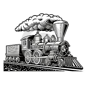 A black and white vector illustration of a retro train