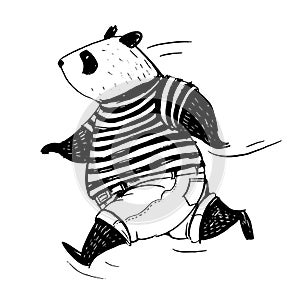 Black and white vector illustration. Running panda in t-shirt and jeans