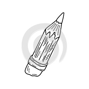 Black and white vector illustration of a short old pencil with an eraser on the end.