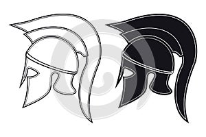 Black and White Vector Illustration of a Side Silhouette on Ancient Greek Warrior Helmet. Spartan Helmet. Roman Helmet