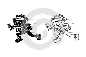 black and white vector illustration of a trash can running and sticking out its tongue