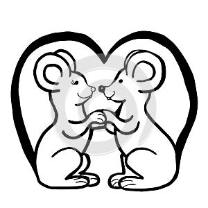 Black white vector illustration with two mouses with a heart of tails.