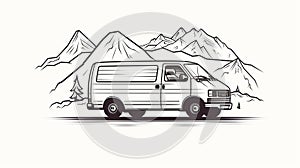 Black And White Vector Illustration Of Van Travelling In Mountains