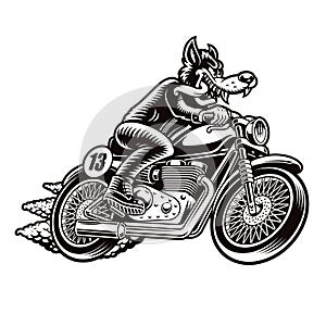 A black and white vector illustration of a wolf biker on a motorcycle