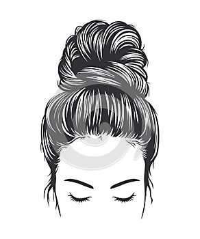 Black and white vector illustration of woman messy bun hairstyle