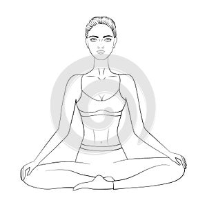 Black and white vector image of a woman practicing yoga or meditation