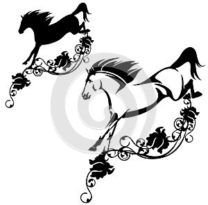 Black and white vector outline and silhouette of horse jumping over rose flower decor