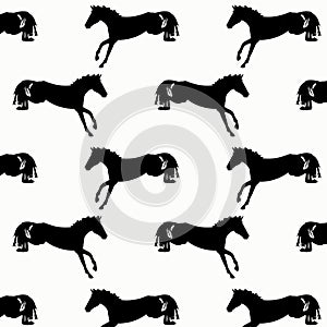 Black and white vector pattern with silhouettes of horses.