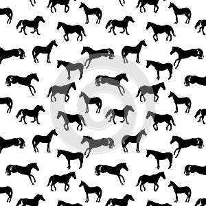 Black and white vector pattern with silhouettes of horses.