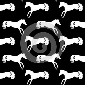 Black and white vector pattern with silhouettes of horses.