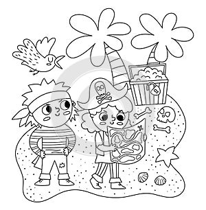 Black and white vector pirate kids with map looking for treasure chest. Cute line treasure hunt scene with children. Tropical