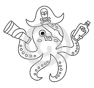 Black and white vector pirate octopus icon. Cute line sea animal illustration. One eye treasure island hunter with eye patch,