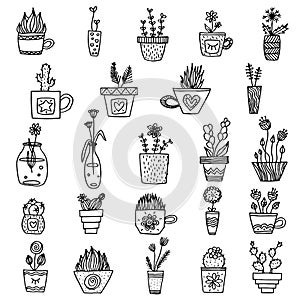 Black and white vector plants in line art. monochrome simple plants in pots set. isolated collection of plants.