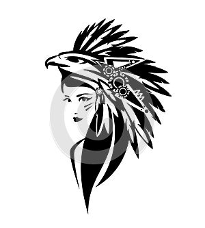 Black and white vector portrait of mesoamerican indian woman tribal chief