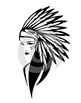 Black and white vector portrait of native american indian woman chief