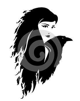 Black and white vector portrait of shaman sorceress woman and raven bird