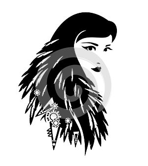 Black and white vector portrait of tribal shaman woman